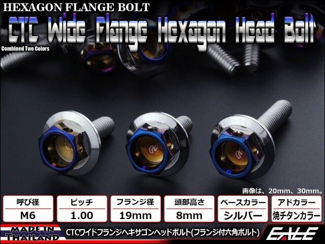 M6×30mm P1.0 ワイドフランジ ヘキサゴンヘッド ボルト 六角ボルト ステンレス CTC シルバー＆焼チタンカラー TB0713 【メール便可】