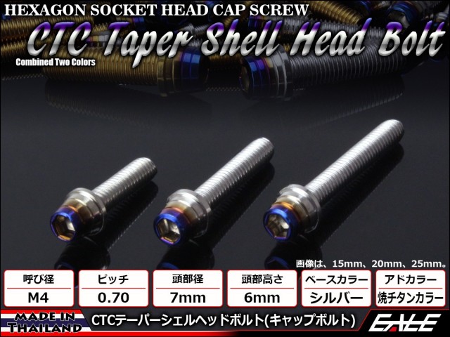 M4×20mm ステンレス 削り出し 2色 テーパー シェル ヘッド ボルトキャップボルト メーターやキャブなどに シルバー 焼チタンカラー TB0839 【メール便可】