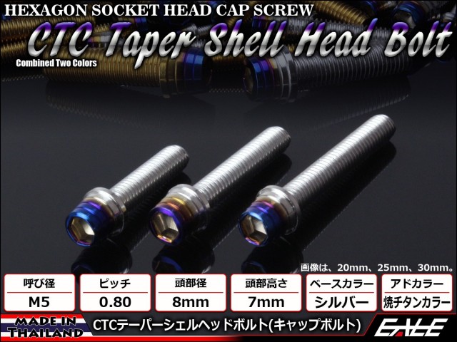 M5×30mm ステンレス 削り出し 2色 テーパー シェル ヘッド ボルトキャップボルト タンクキャップやキャブなどに シルバー 焼チタンカラー TB0845 【メール便可】