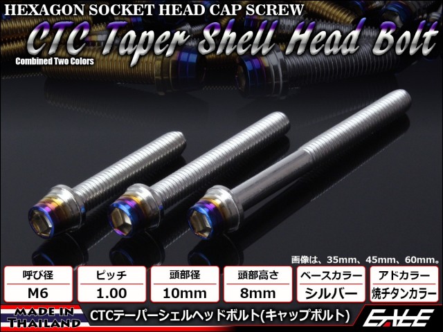 M6×60mm ステンレス 削り出し 2色 テーパー シェル ヘッド ボルトキャップボルト クランクケース等エンジン周りに シルバー 焼チタンカラー TB0858 【メール便可】