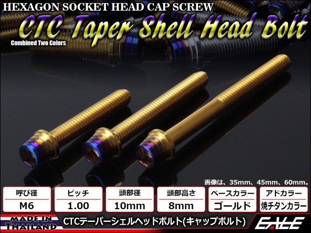 M6×40mm ステンレス 削り出し 2色 テーパー シェル ヘッド ボルトキャップボルト クランクケース等エンジン周りに ゴールド 焼チタンカラー TB0913 【メール便可】