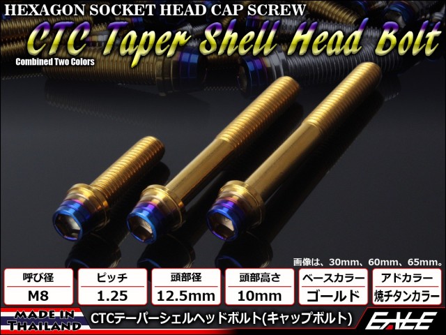 M8×45mm ステンレス 削り出し 2色 テーパー シェル ヘッド ボルトキャップボルト フレームやブレーキ周りに ゴールド 焼チタンカラー TB0935 【メール便可】