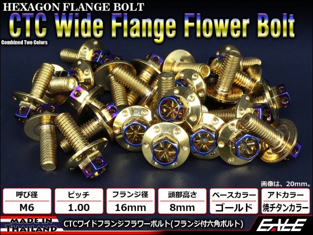 M6×10mm 2色ワイドフランジフラワーボルト フランジ付き六角ボルト ステンレス削り出し ゴールド&焼チタンカラー TB0975 【メール便可】