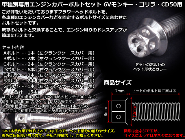 6Vモンキー ゴリラ CD50 エンジンカバー ボルト16本set フランジ