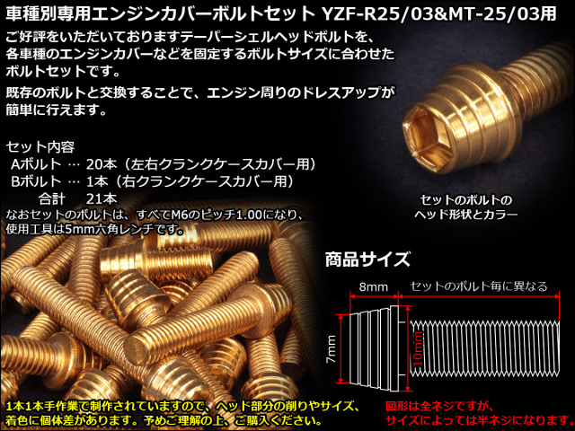 YZF-R25 YZF-R3 MT-25 MT-03 エンジンカバー ボルト25本set キャップ