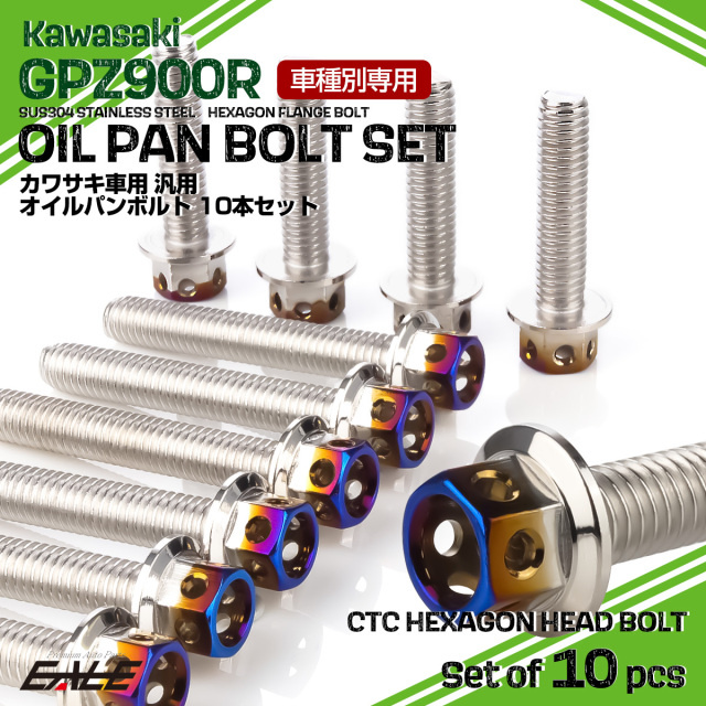 GPZ900R オイルパンボルトセット 10本セット 汎用 カワサキ車用 CTCヘキサゴンヘッド シルバー＆焼きチタンカラー TB8096 【メール便可】