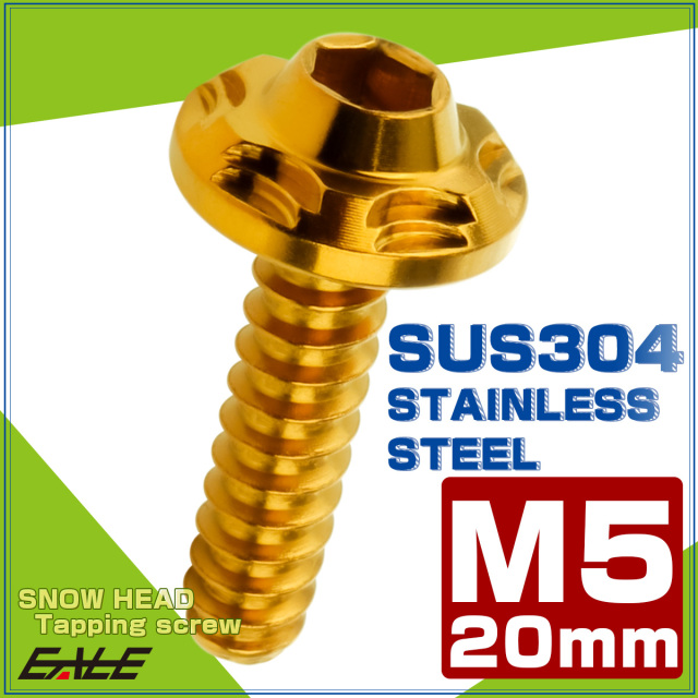 タッピングネジ M5×20mm SUS304 ステンレス スノーヘッド 六角穴 フランジ付き ネジ ゴールド TC0189 【メール便可】