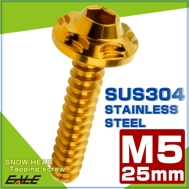 タッピングネジ M5×25mm SUS304 ステンレス スノーヘッド 六角穴 フランジ付き ネジ ゴールド TC0190 【メール便可】