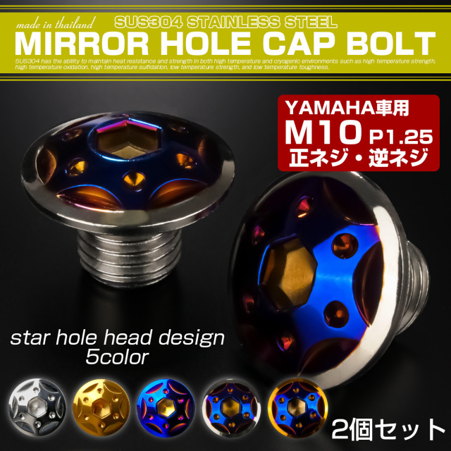 ミラーホールカバーボルト キャップ M10×10mm P1.25 正ネジ 逆ネジ 2個セット ヤマハ車用 スターホールヘッド SUS304 シルバー＆ブルー TH0191 【メール便可】