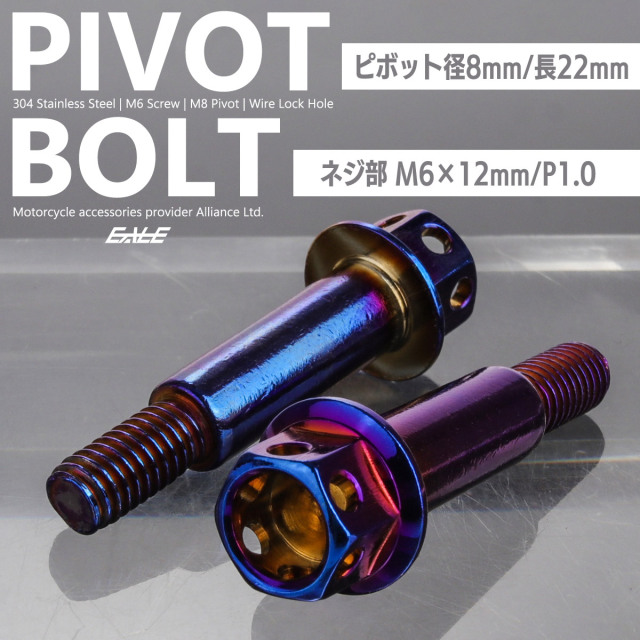 バイクレバー 取付用 ピボットボルト M6 P1.0 ピボット径8mm ステンレス ワイヤーロック穴 焼チタン色 ブルー系 2本セット TH0543 【メール便可】