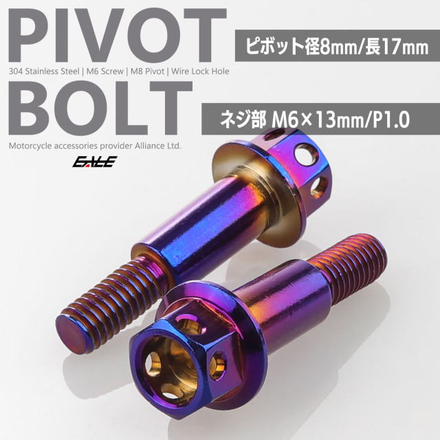 バイクレバー 取付用 ピボットボルト ピボット径8mm M6 P1.0 ステンレス ワイヤーロック穴 焼チタン色 ブルー系 2本セット TH0546【メール便可】