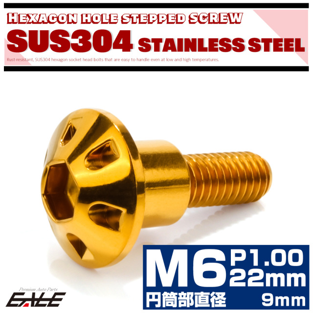 段付きボルト M6×22mm P1.0 円筒部直径9mm デザインヘッド SUS304 ステンレス 六角穴 フランジボルト ゴールド TR0872 【メール便可】