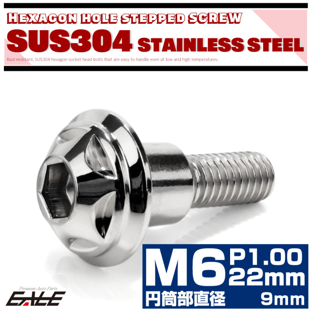 段付きボルト M6×22mm P1.0 円筒部直径9mm スターヘッド SUS304 ステンレス 六角穴 フランジボルト シルバー TR0877 【メール便可】