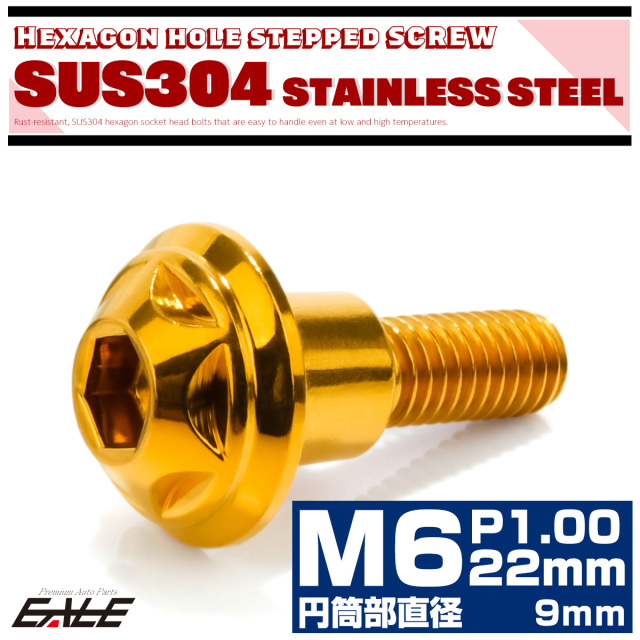 段付きボルト M6×22mm P1.0 円筒部直径9mm スターヘッド SUS304 ステンレス 六角穴 フランジボルト ゴールド TR0878 【メール便可】