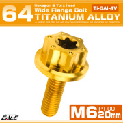 64チタン M6×20mm P1.0 ワイドフランジ 六角ボルト トルクス穴 ホールヘッド デザインボルト ゴールド JA1235 【メール便可】