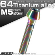 チタンボルト M5×25mm P0.8 キャップボルト 六角穴付 テーパーヘッド レインボー 虹色 JA358 【メール便可】