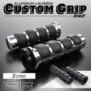 バイク グリップ 22.2mm用 アルミ＆ラバー バーエンド クロムメッキ マットブラック 左右セット S-1061