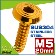 タッピングネジ M5×20mm シェルヘッドフラット 六角穴 フランジ付き ネジ SUS304 ステンレス ゴールド TC0159 【メール便可】