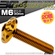 20個セット ボタンボルト スターホールヘッド M6×30mm P1.0 フランジ付 六角穴 SUS304 ステンレス  ゴールド TR0237-20SET