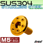 ステンレスボルト M5×12mm P0.8 ホールヘッド フラット 六角穴付 ボタンボルト SUS304 ゴールド TR0957 【メール便可】