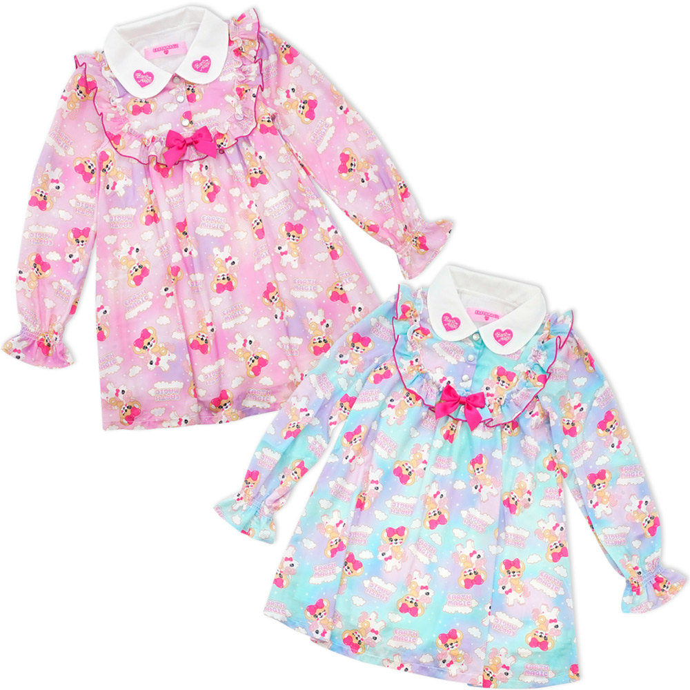 アースマジック Earthmagic マフィー ユニコーン総柄襟付き長袖ワンピース フリルヨーク ハートロゴ