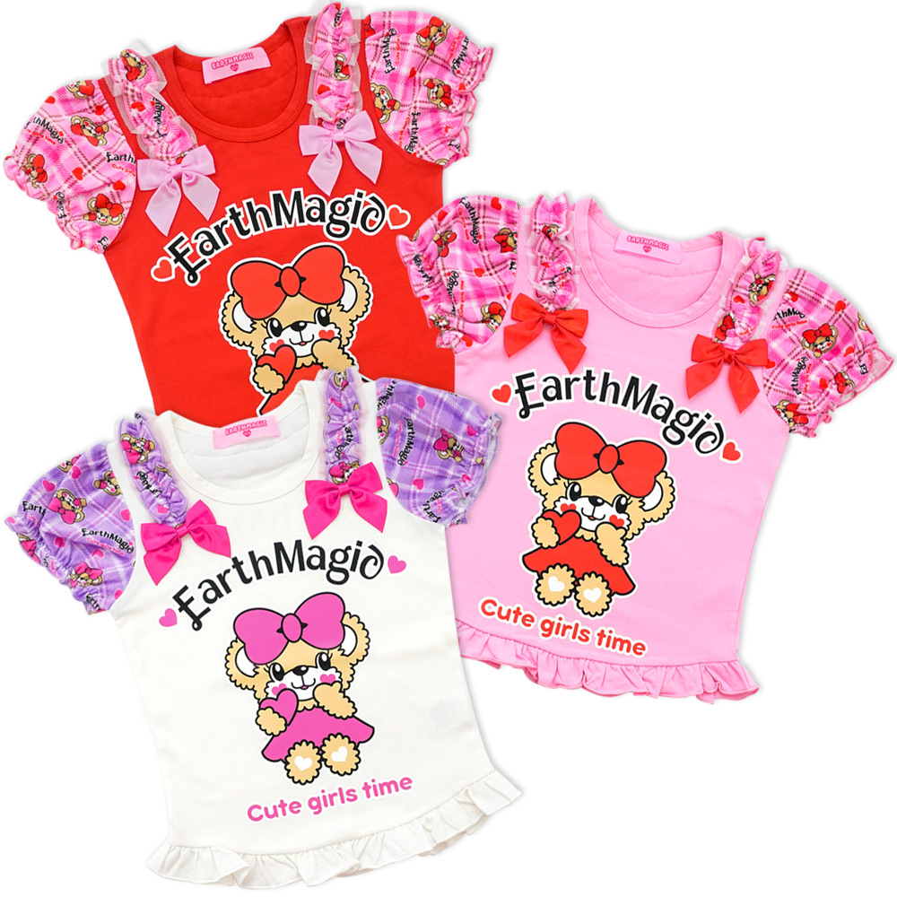 アースマジック EARTHMAGIC ハートチェックマフィー総柄パフスリーブ半袖Tシャツ ベロア生地 裾フリル 2021秋冬 シロ アカ ペールピンク