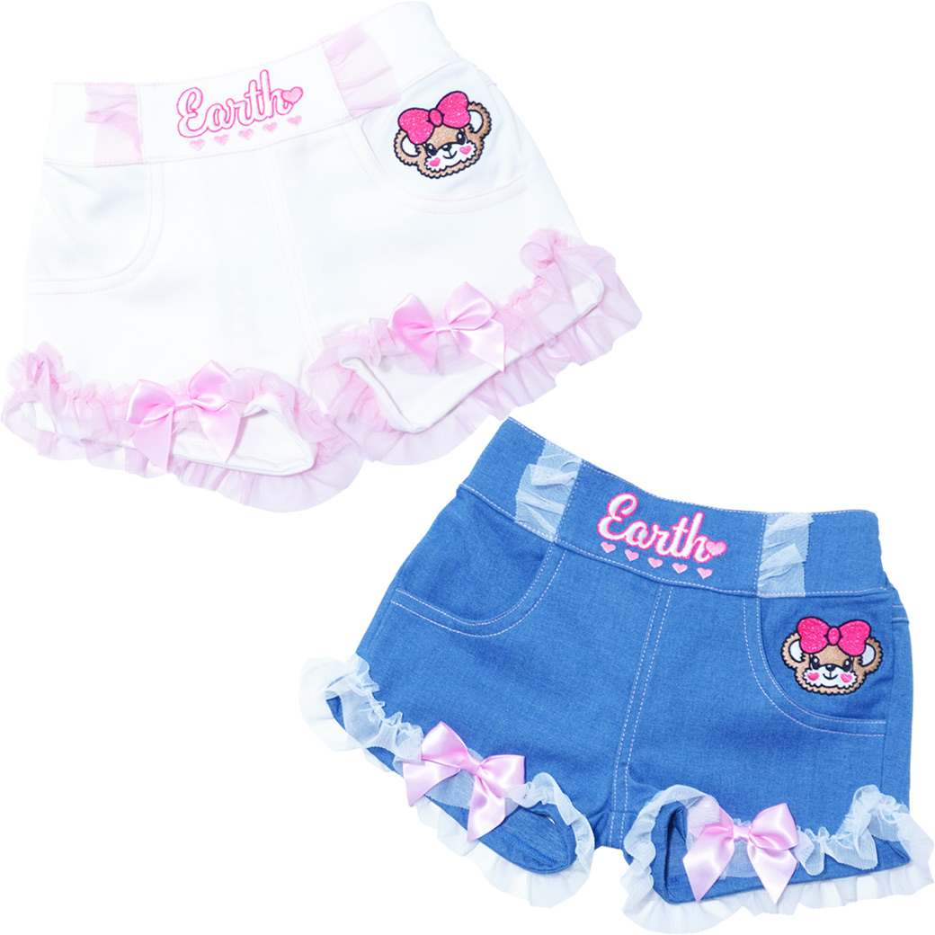 裾チュールデニム風ストレッチツイルショートパンツ