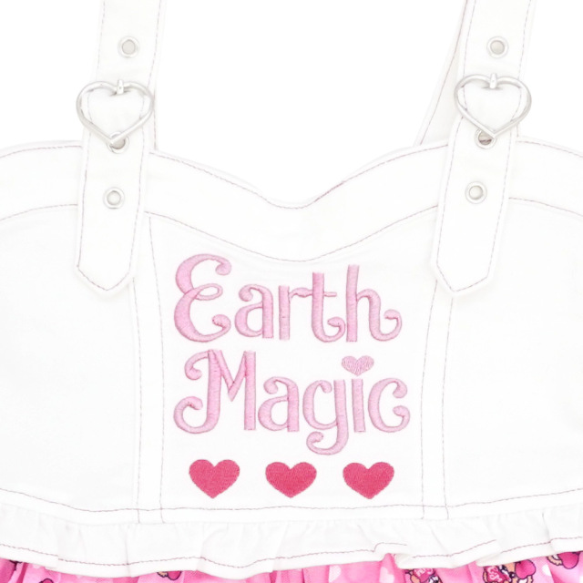 アースマジック EARTHMAGIC ミニ ハート マフィー 総柄 チュール 切り替え デニム ジャンパースカート 2021春夏