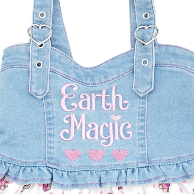 アースマジック EARTHMAGIC ミニ ハート マフィー 総柄 チュール 切り替え デニム ジャンパースカート 2021春夏