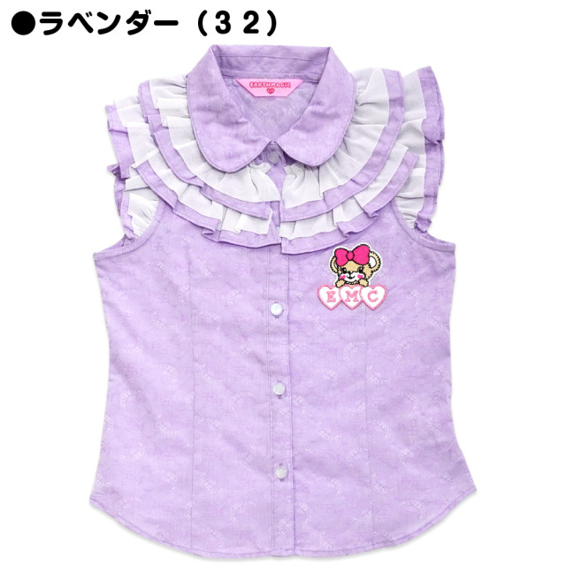 アースマジック EARTHMAGIC シャンブレー ノースリーブフリルブラウス フェイスマフィー総柄 肩フリル 2021春夏