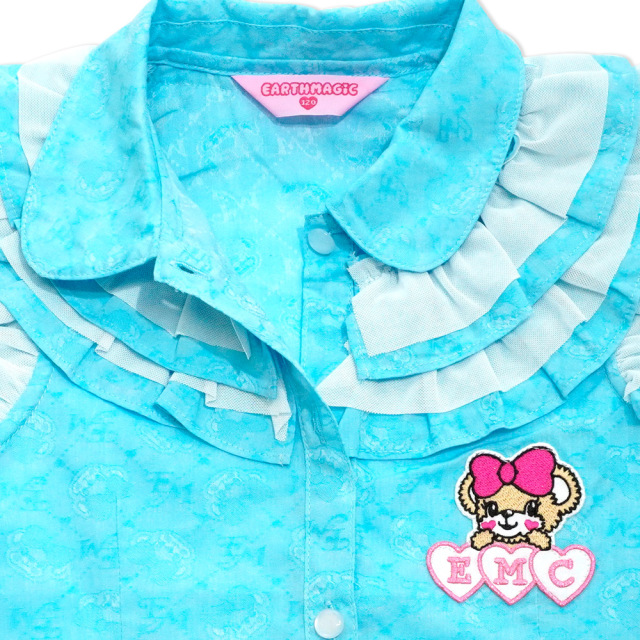 アースマジック EARTHMAGIC シャンブレー ノースリーブフリルブラウス フェイスマフィー総柄 肩フリル 2021春夏