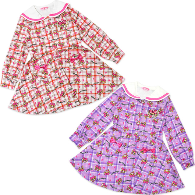 アースマジック Earthmagic ツイルハートチェックマフィー総柄ワンピース 21秋冬 シロ ラベンダー