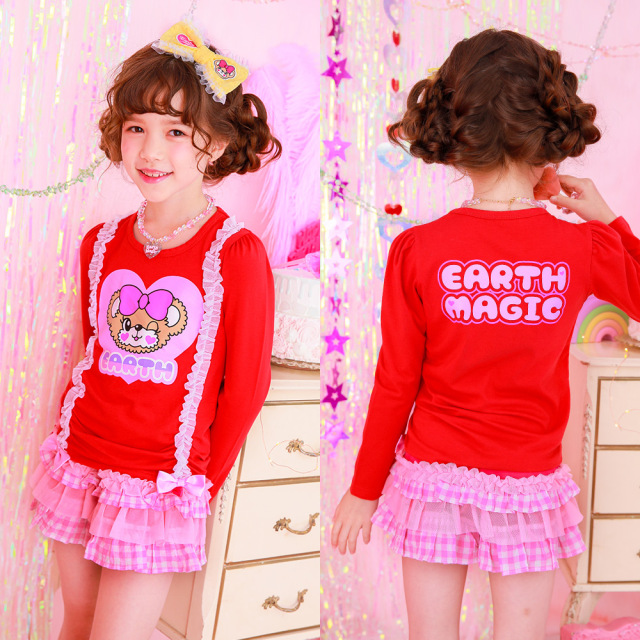 アースマジック EARTHMAGIC フェイスマフィー サスペンダー風長袖プリントTシャツ チュールフリル 2021秋冬 クロ アカ