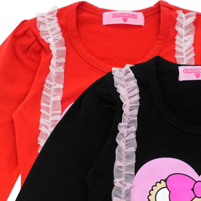 アースマジック EARTHMAGIC フェイスマフィー サスペンダー風長袖プリントTシャツ チュールフリル 2021秋冬 クロ アカ