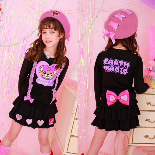 アースマジック EARTHMAGIC フェイスマフィー サスペンダー風長袖プリントTシャツ チュールフリル 2021秋冬 クロ アカ