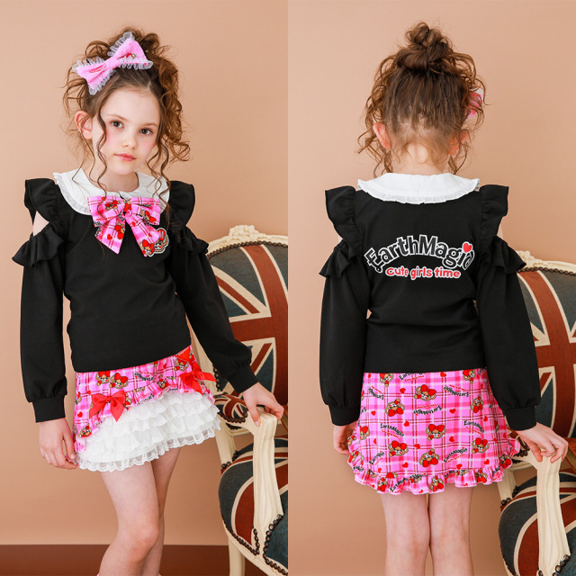 アースマジック EARTHMAGIC ハートチェックマフィー 襟付き肩あき長袖Tシャツ オープンショルダー ベロア総柄リボン 2021秋冬 全3色