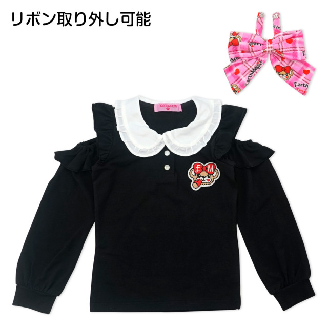 アースマジック EARTHMAGIC ハートチェックマフィー 襟付き肩あき長袖Tシャツ オープンショルダー ベロア総柄リボン 2021秋冬 全3色