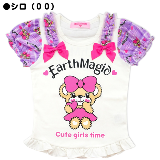 アースマジック EARTHMAGIC ハートチェックマフィー総柄パフスリーブ半袖Tシャツ ベロア生地 裾フリル 2021秋冬 シロ アカ ペールピンク