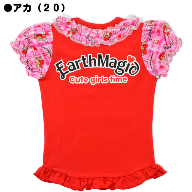 アースマジック EARTHMAGIC ハートチェックマフィー総柄パフスリーブ半袖Tシャツ ベロア生地 裾フリル 2021秋冬 シロ アカ ペールピンク