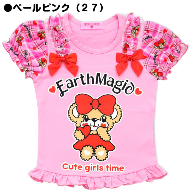 アースマジック EARTHMAGIC ハートチェックマフィー総柄パフスリーブ半袖Tシャツ ベロア生地 裾フリル 2021秋冬 シロ アカ ペールピンク