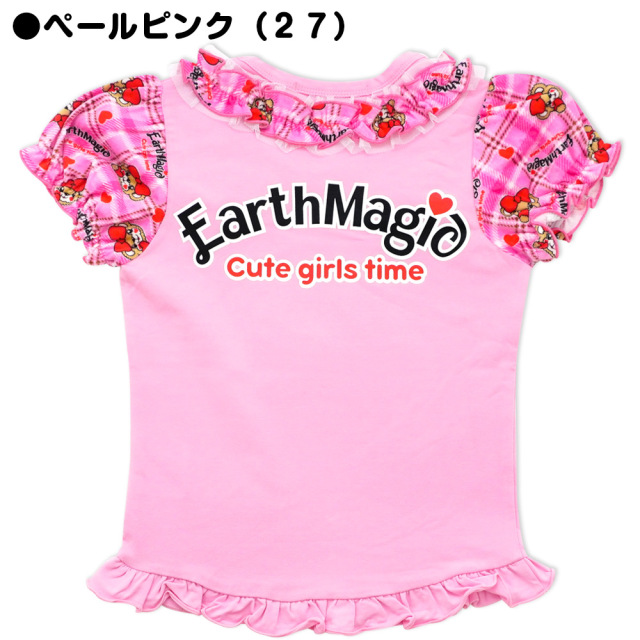 アースマジック EARTHMAGIC ハートチェックマフィー総柄パフスリーブ半袖Tシャツ ベロア生地 裾フリル 2021秋冬 シロ アカ ペールピンク