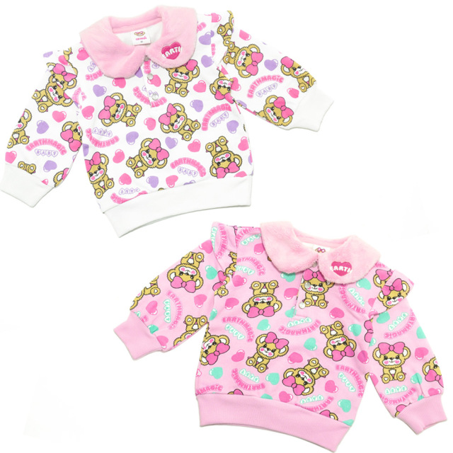 アースマジックベビー EARTHMAGIC BABY キャンディーハートベビー総柄クマ耳襟付きトレーナー オフシロ ペールピンク マフィー 2021秋冬