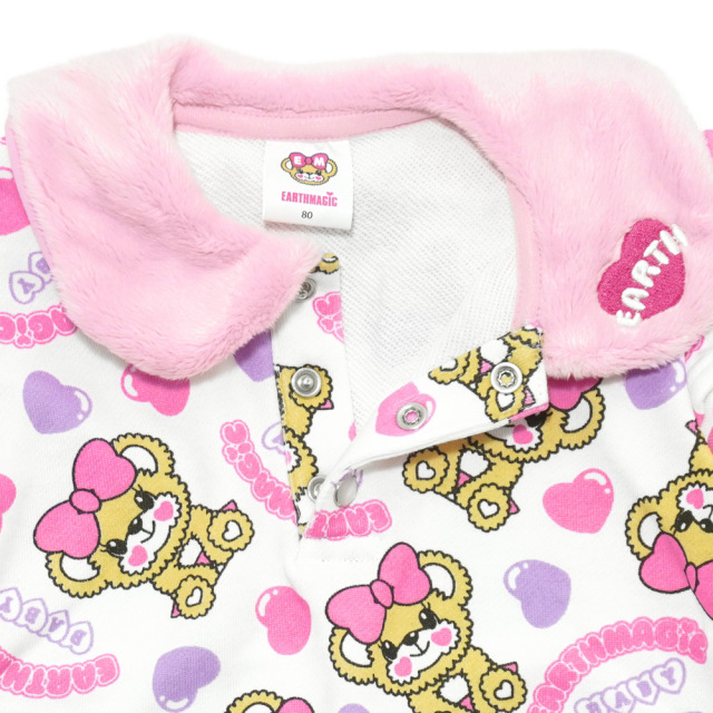 アースマジックベビー EARTHMAGIC BABY キャンディーハートベビー総柄クマ耳襟付きトレーナー オフシロ ペールピンク マフィー 2021秋冬