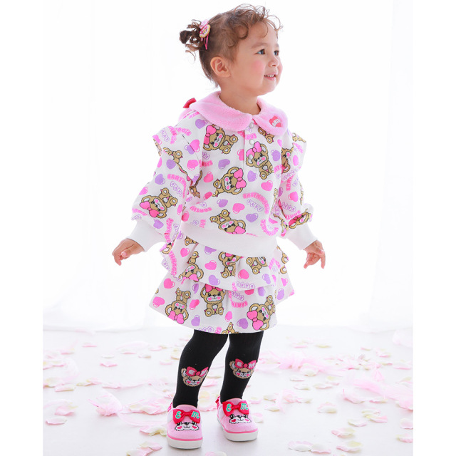 アースマジックベビー EARTHMAGIC BABY キャンディーハートベビー総柄クマ耳襟付きトレーナー オフシロ ペールピンク マフィー 2021秋冬