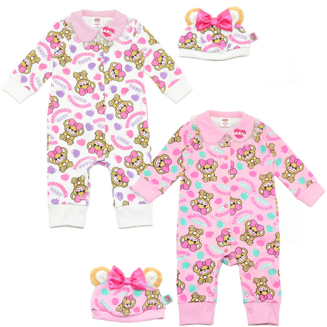 アースマジックベビー EARTHMAGIC BABY キャンディーハートベビー総柄クマ耳キャップ＆カバーオールセット マフィー 2021秋冬