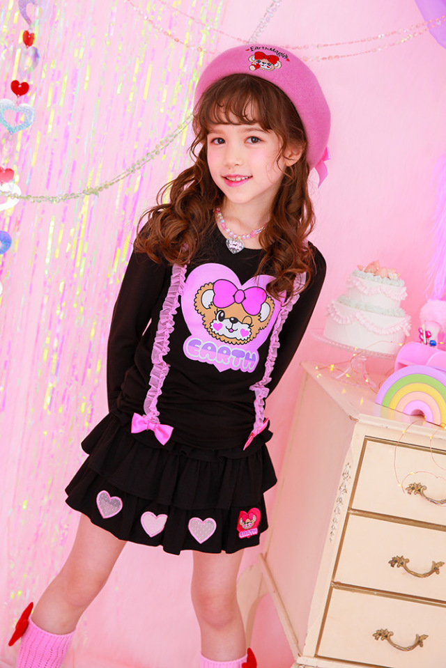 アースマジック EARTHMAGIC ハートカットワークティアードスカート インナーパンツ付 ぷっくりリボン 2021秋冬 クロ アカ