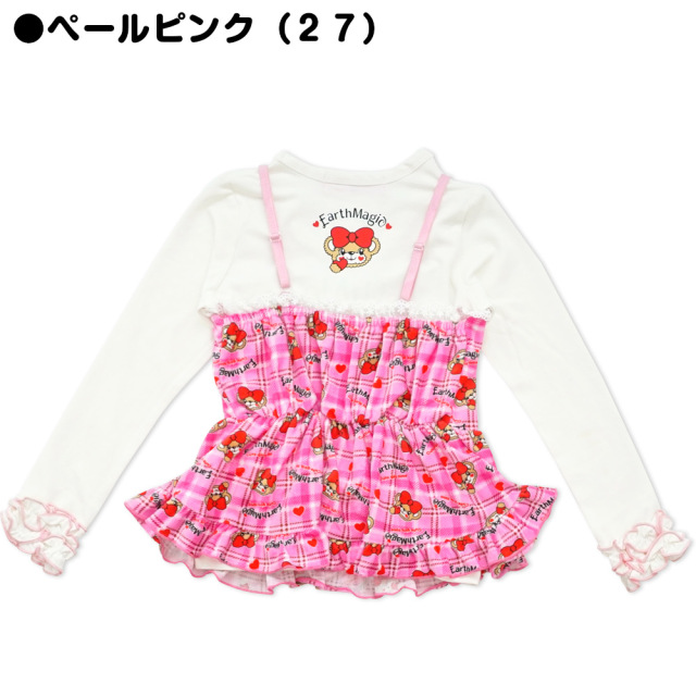 アースマジック EARTHMAGIC ハートチェックマフィー総柄キャミソール＆長袖Tシャツセット ベロア生地 2021秋冬 ペールピンク ラベンダー