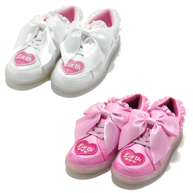 アースマジック Earthmagic クリアラメソール ビッグリボンローカットスニーカー シロ ピンク 21秋冬