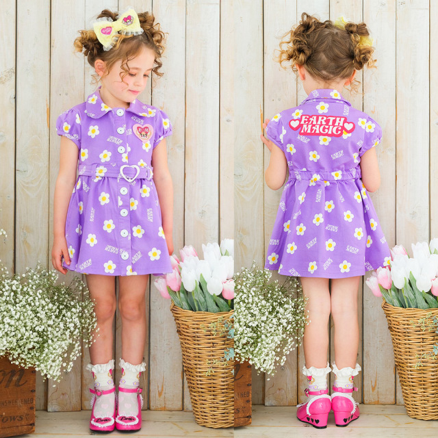 アースマジック EARTHMAGIC デイジー柄ストレッチツイルワンピース クロ ラベンダー デニム マフィーワッペン ハートバックル 2022春夏