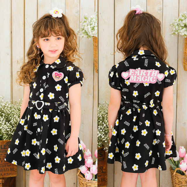 アースマジック EARTHMAGIC デイジー柄ストレッチツイルワンピース クロ ラベンダー デニム マフィーワッペン ハートバックル 2022春夏